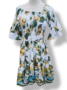 Antica Sartoria by Giacomo Cinque Lemon Print Smocked Dress - Mediterranean Boho